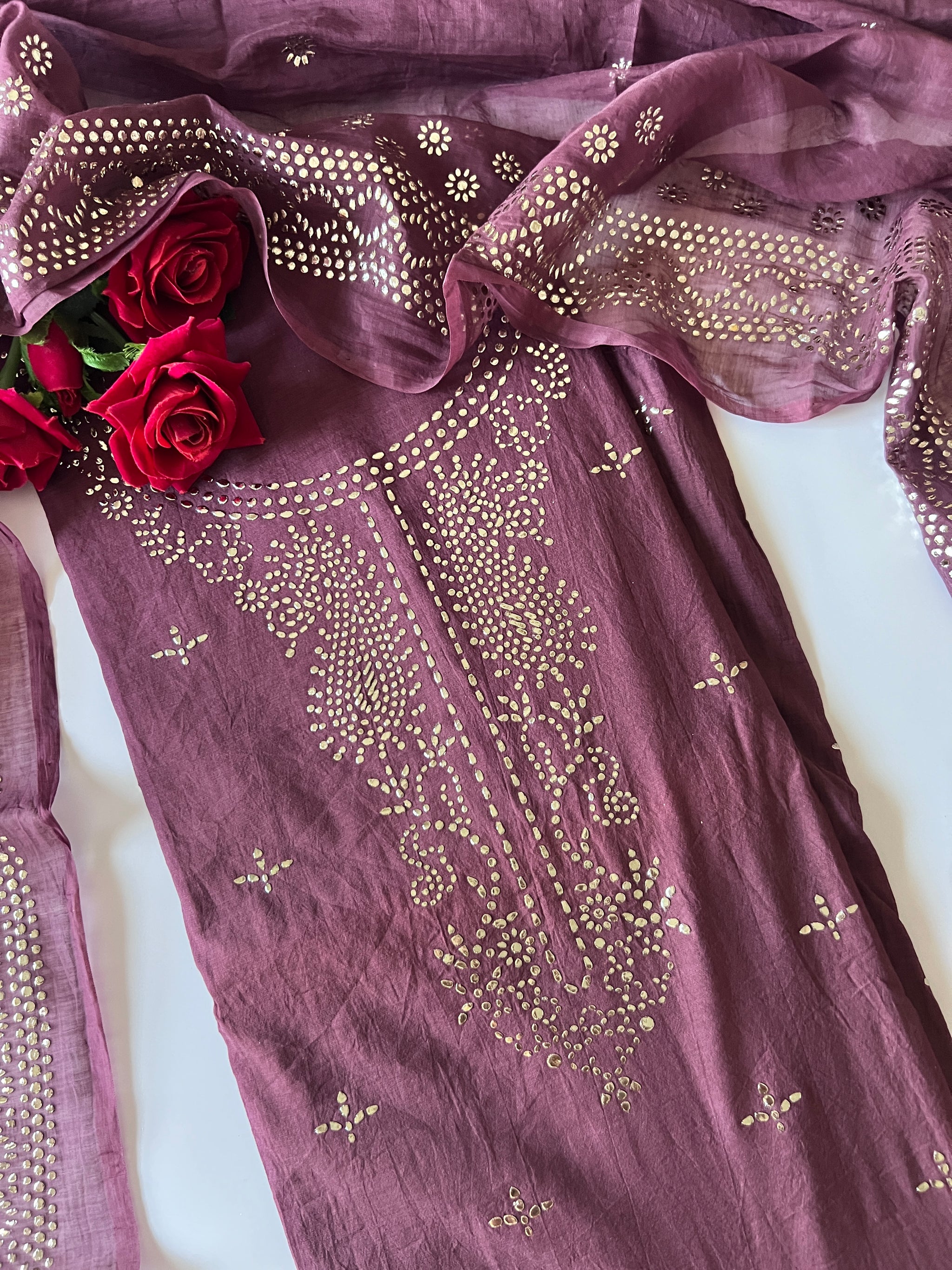 Purple Mul Chanderi dress material with mukaish