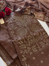 Brown Mul Chanderi dress material with mukaish -Flamingo