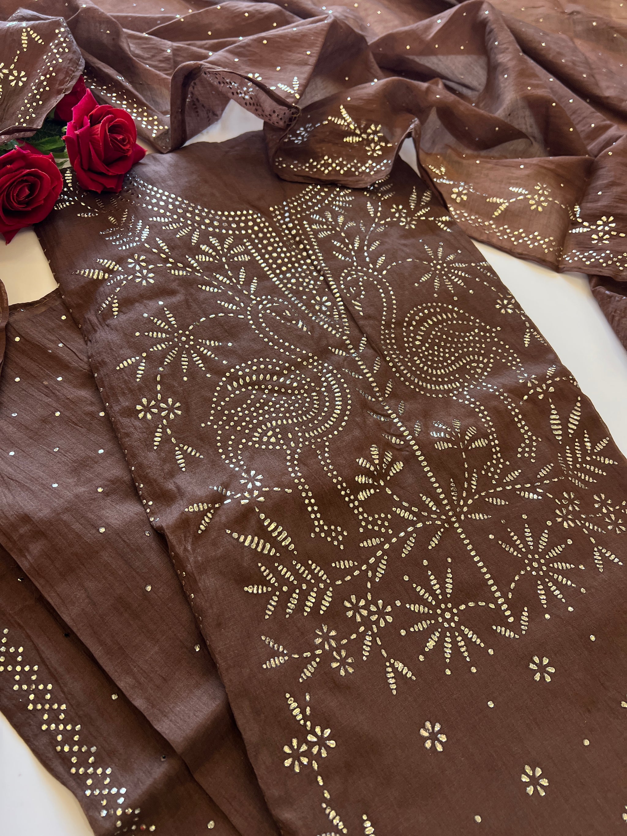 Brown Mul Chanderi dress material with mukaish -Flamingo