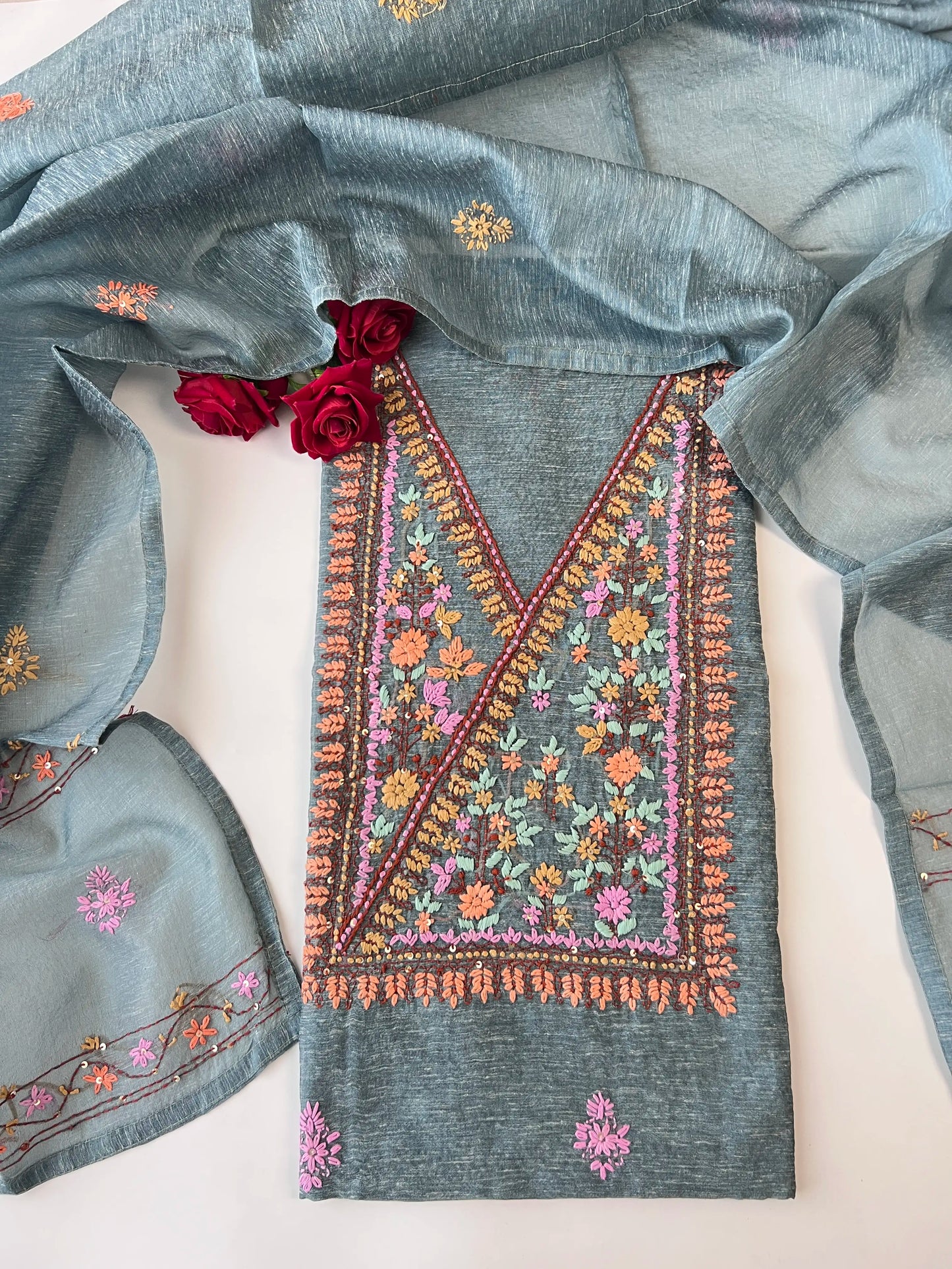Chanderi knot embroidery Unstitched suit material