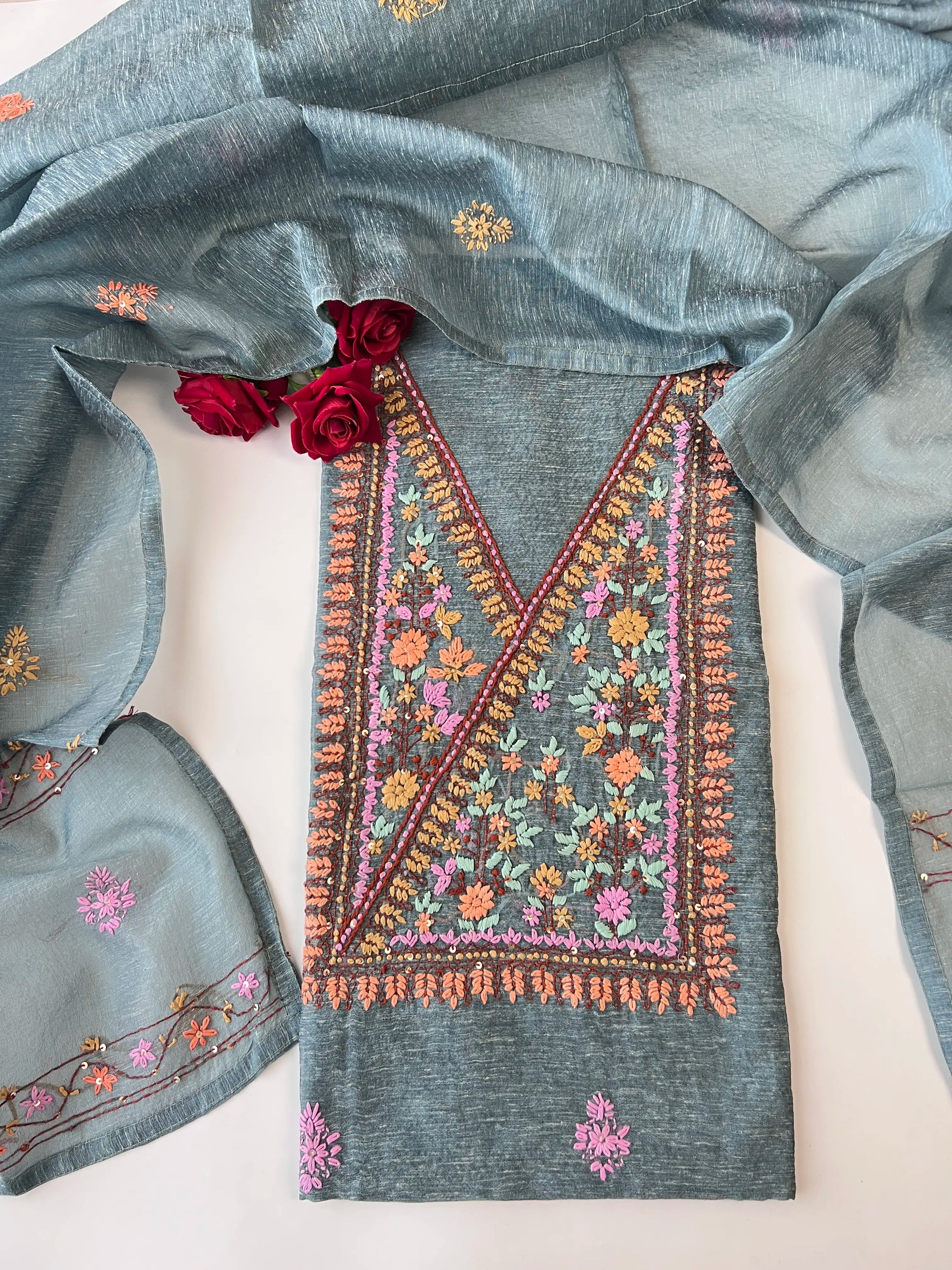 Chanderi knot embroidery Unstitched suit material