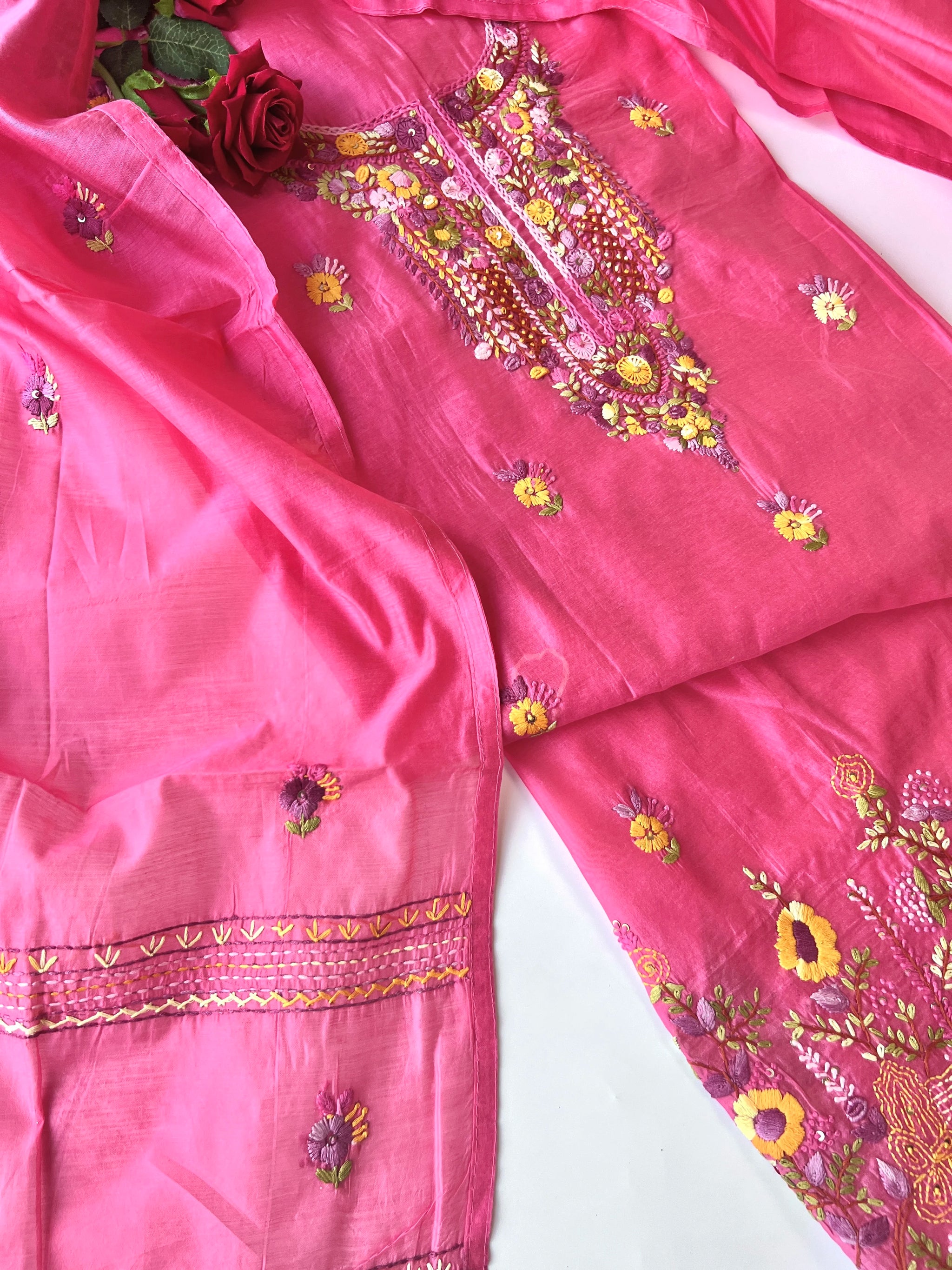 Chanderi knot embroidery Unstitched suit material