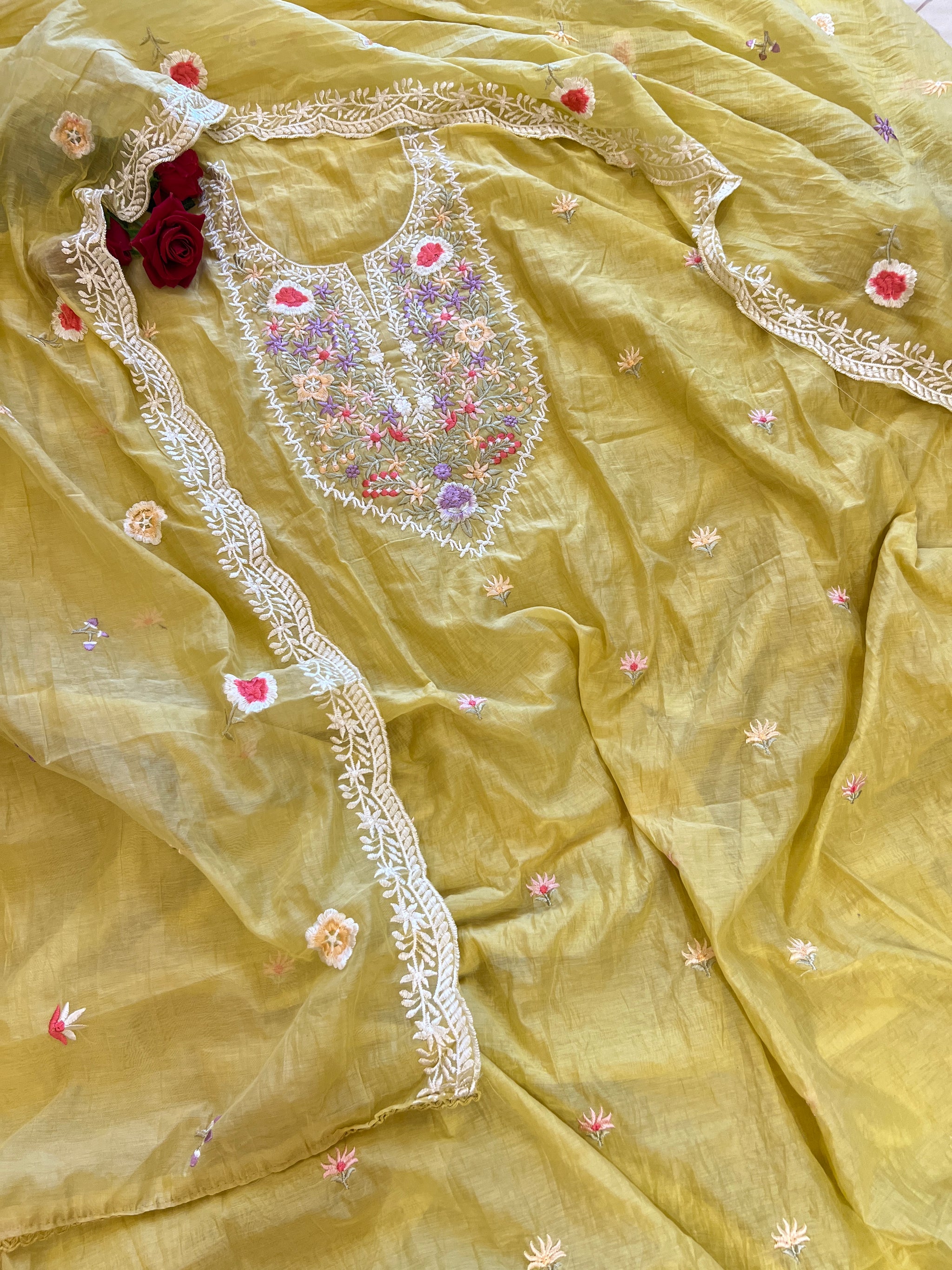 Yellow Mul Chanderi Thread embroidered Unstitched Suit