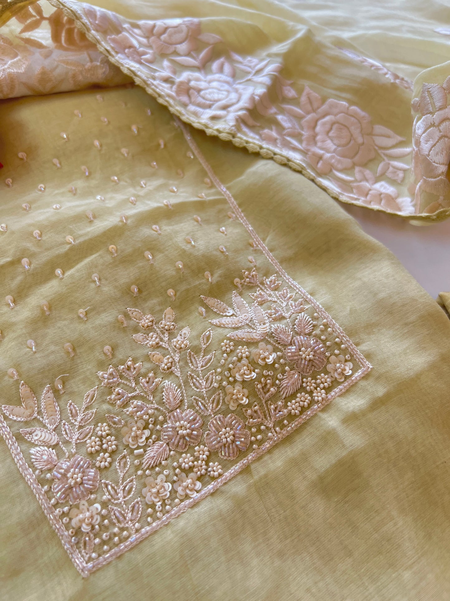 Mul Chanderi Handwork with Parsi dupatta Unstitched Suit set - Pastel yellow