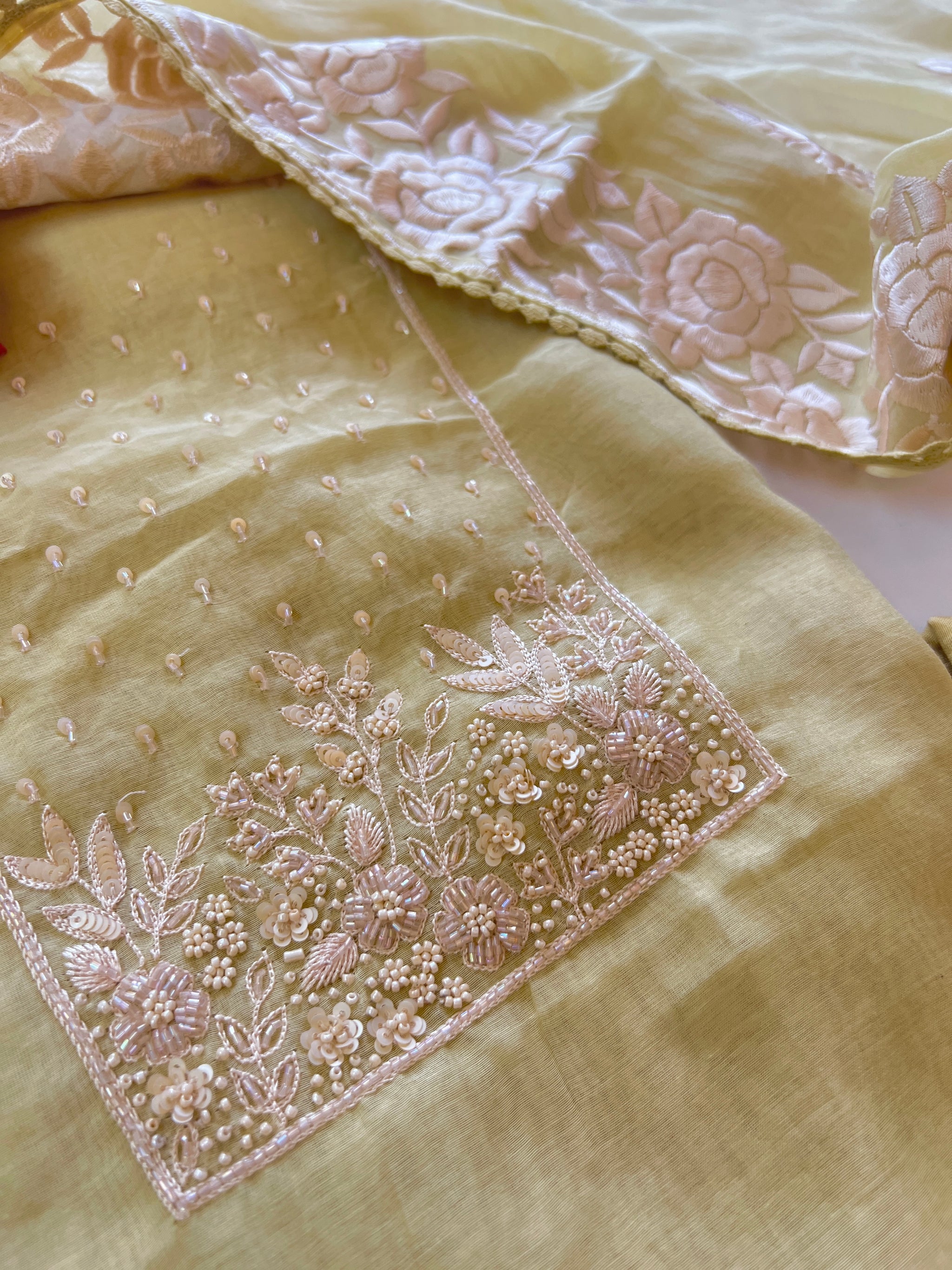 Mul Chanderi Handwork with Parsi dupatta Unstitched Suit set - Pastel yellow
