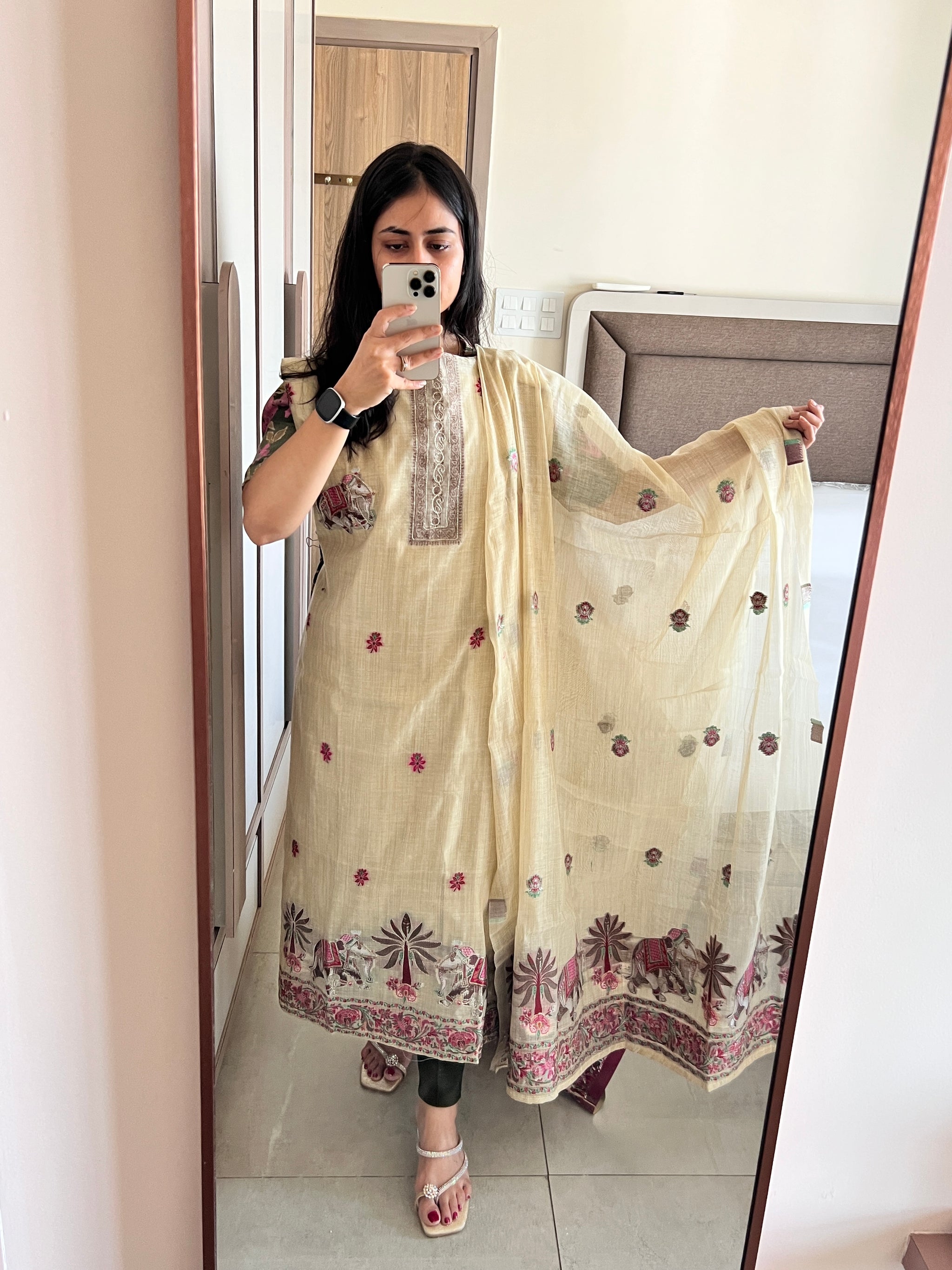 Beige Cotton Jamdani work dress material unstitched Suit set