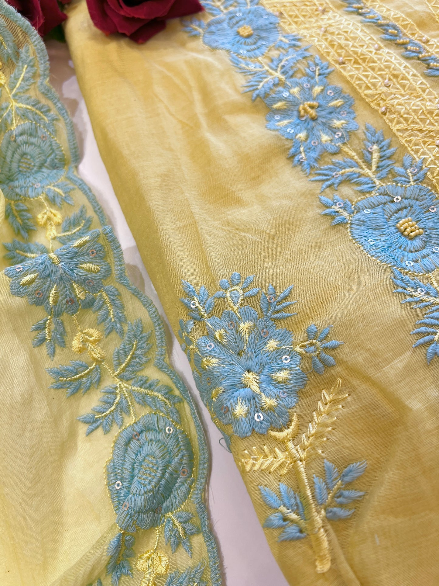 Yellow Mul Chanderi embroidered Unstitched Suit