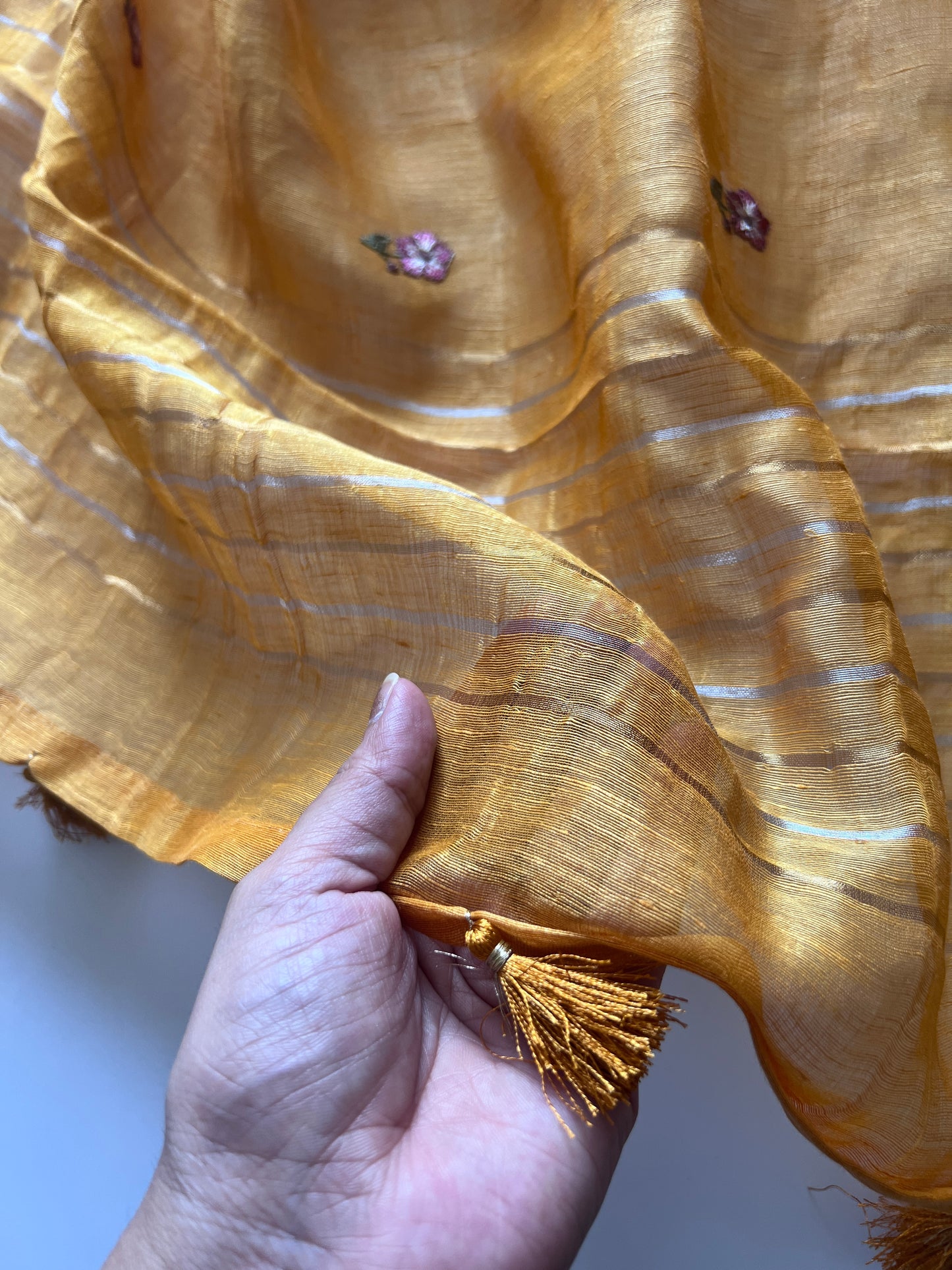 Yellow Pure Silk Linen embroidered premium unstitched dress material