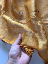 Yellow Pure Silk Linen embroidered premium unstitched dress material