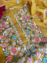 Yellow Mul chanderi full embroidery dupatta thread work unstitched suit
