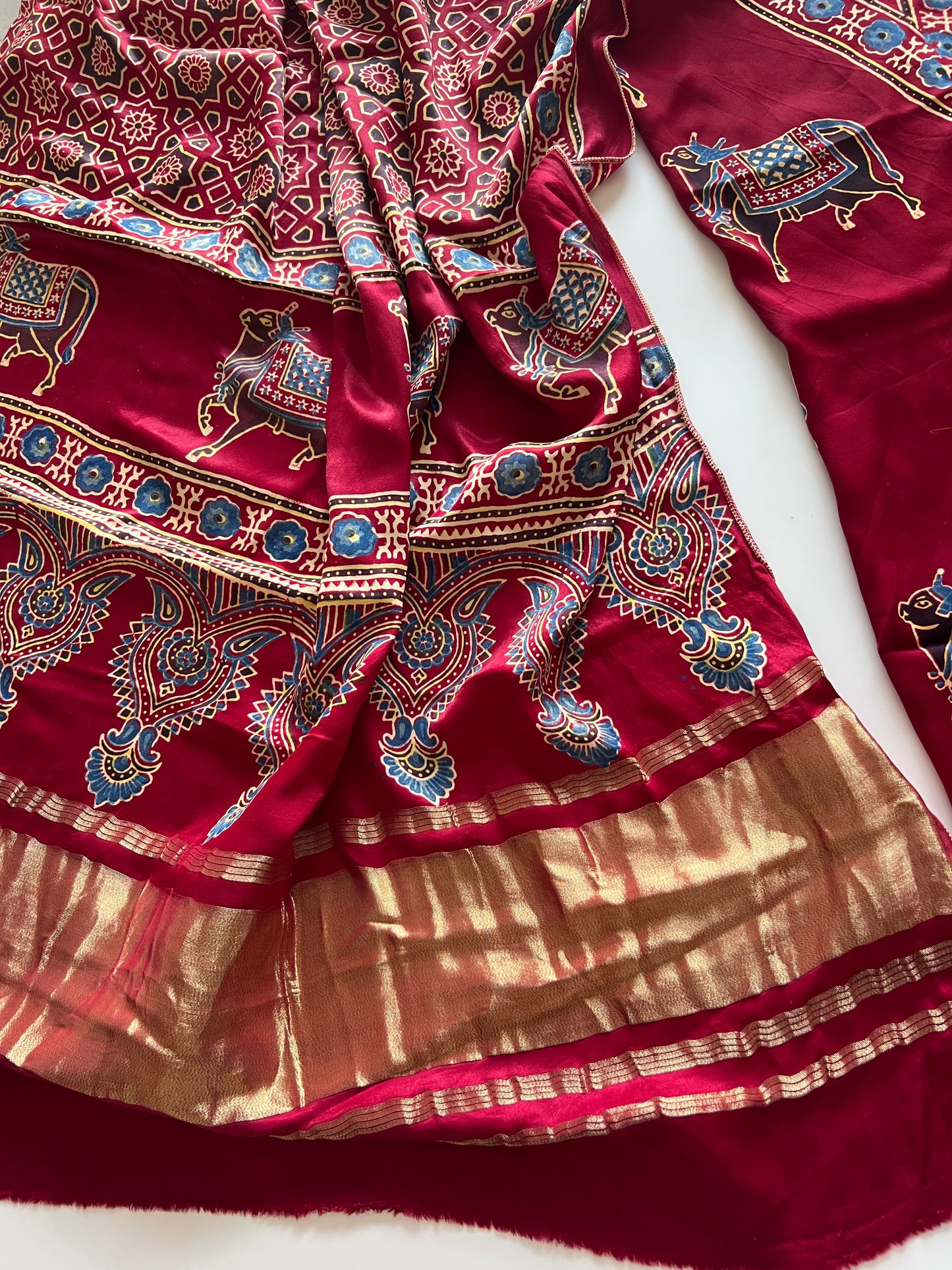 Maroon Ajrakh Handblock print 3 pc fabric Unstitched suit set