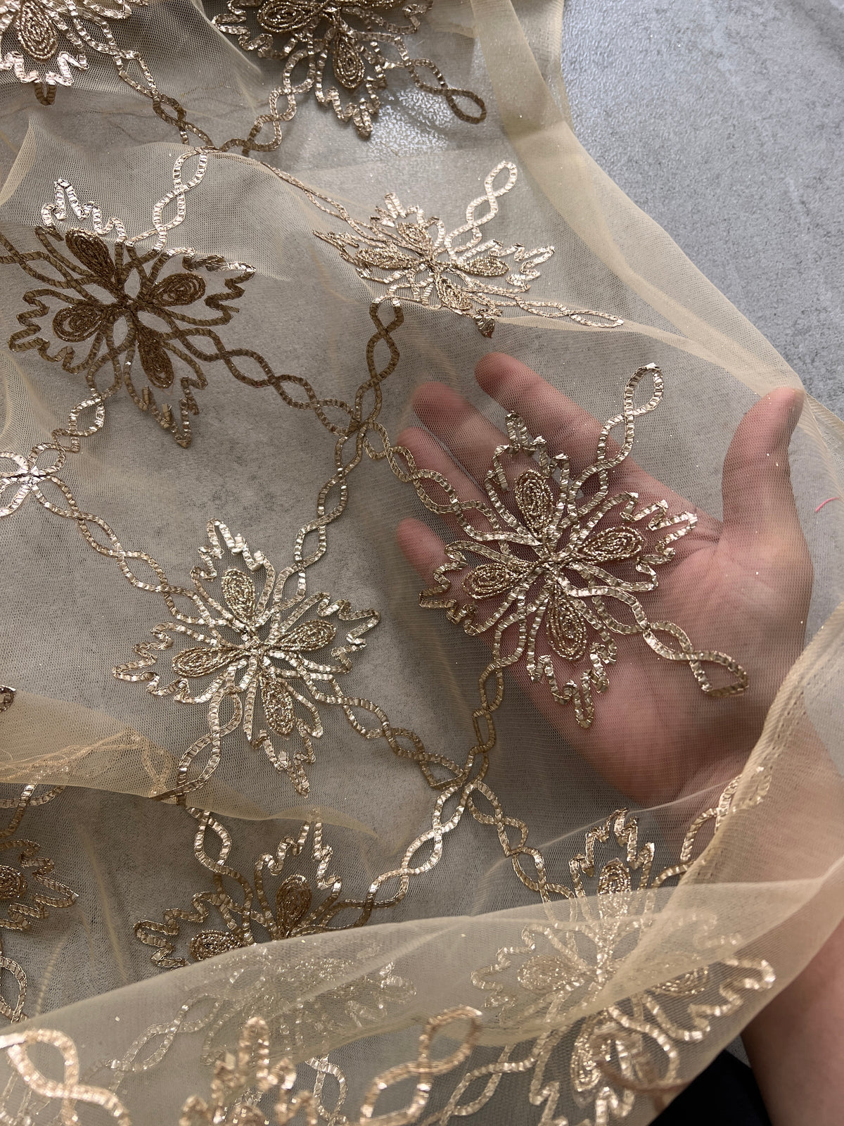 Gold net with Gotta work fabric