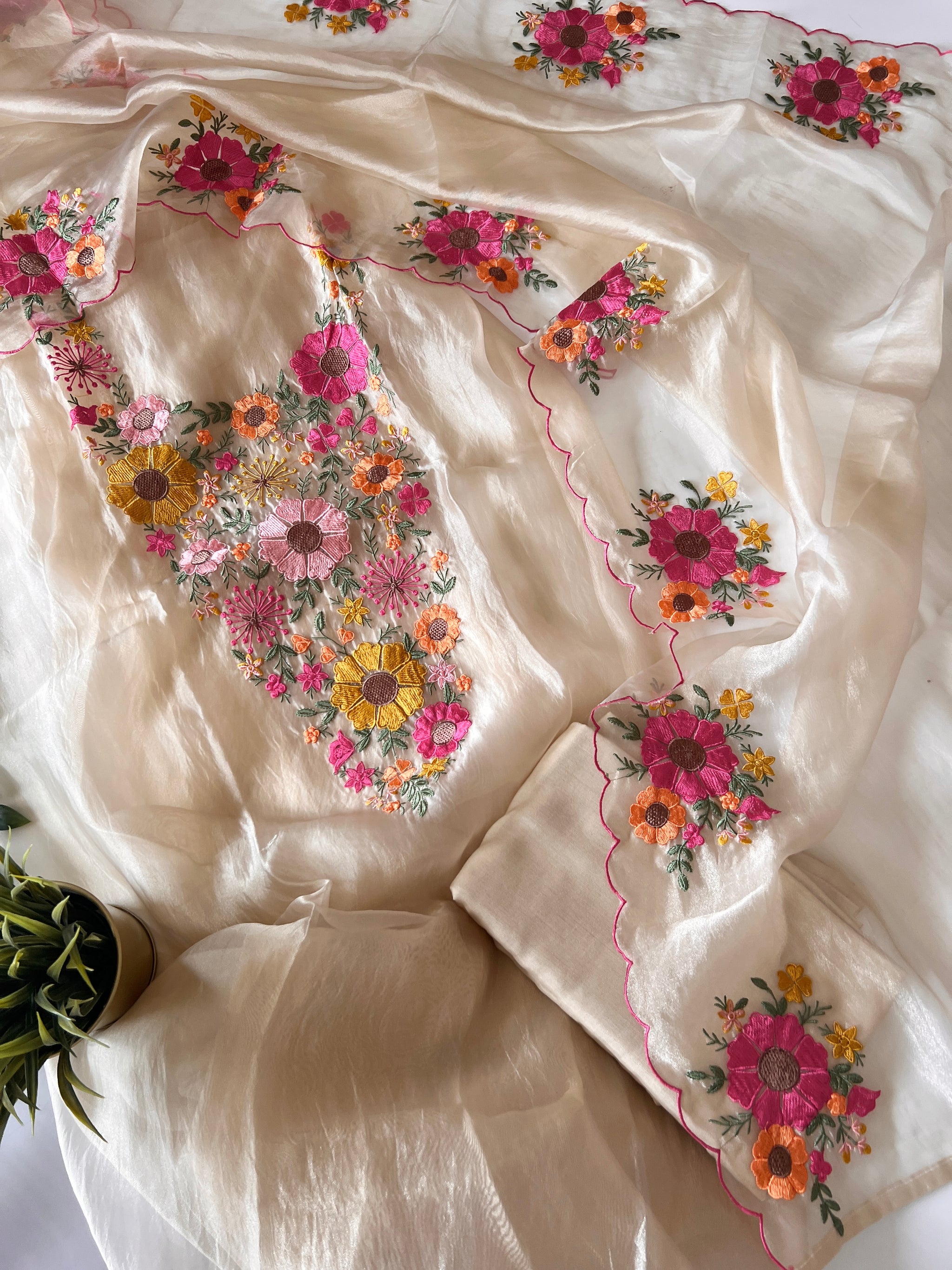 Sunflower Embroidery Crush Organza tissue Dress material