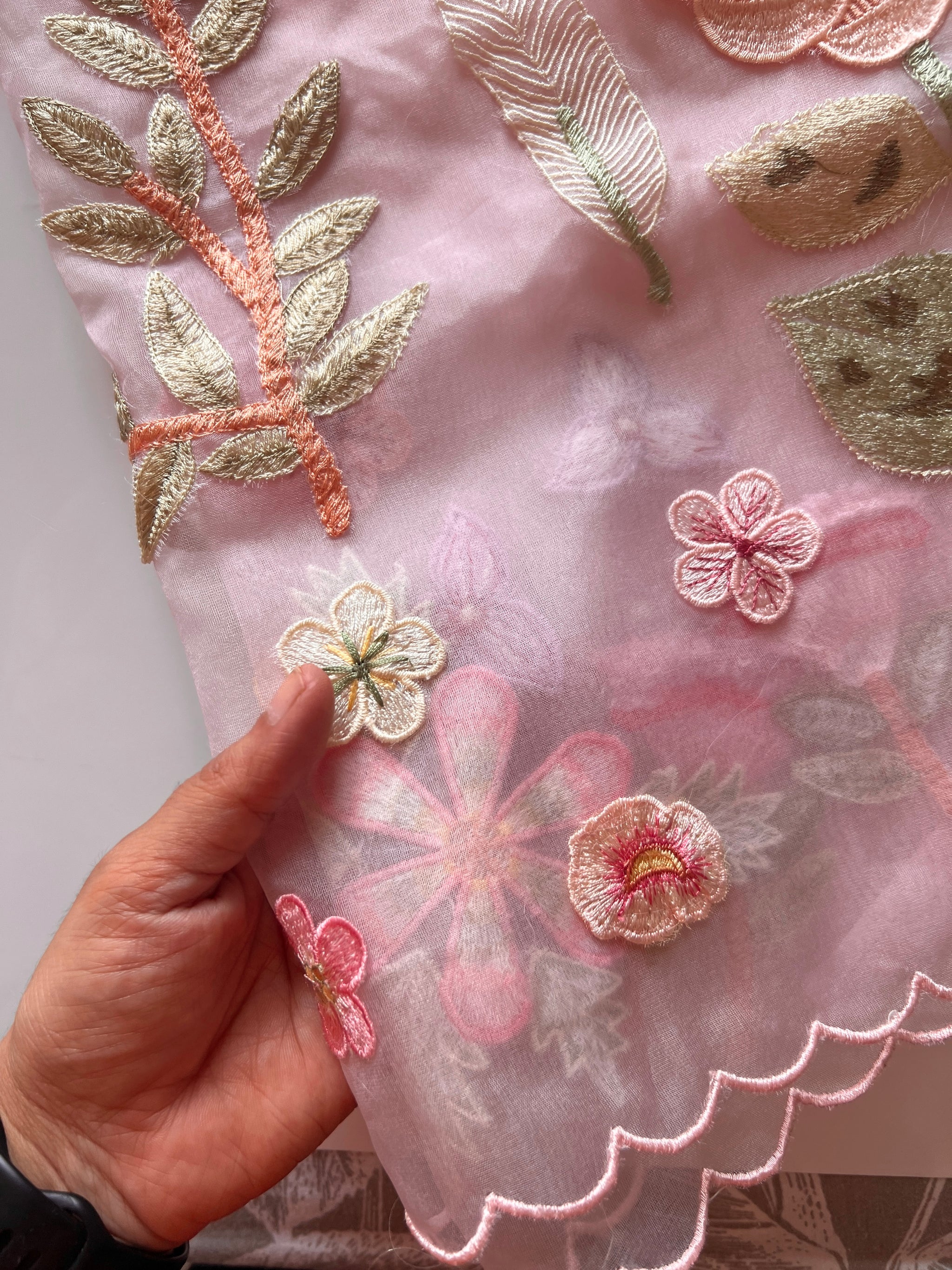 Pink 3D Embroidery on semi Organza premium unstitched dress material with floral work