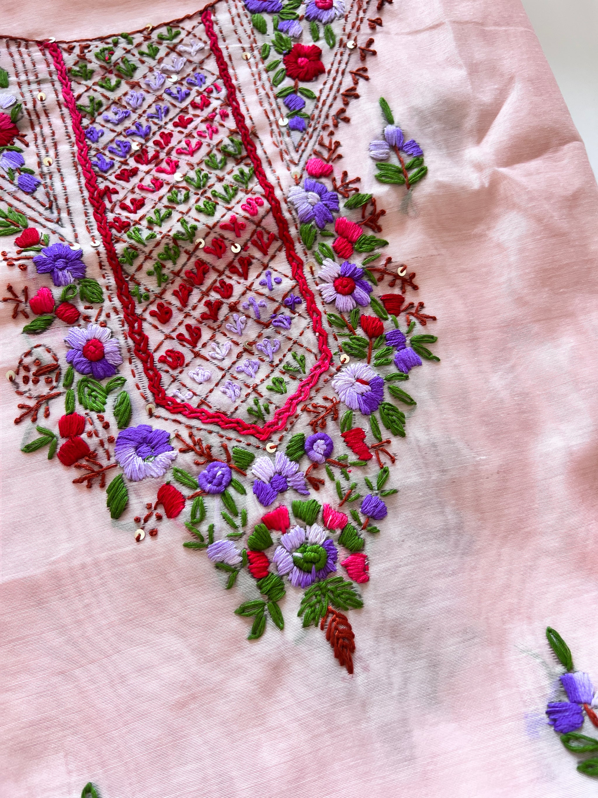 Very light pink knot embroidery Unstitched suit material