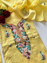 Yellow Knot embroidery Unstitched suit material 2 pc