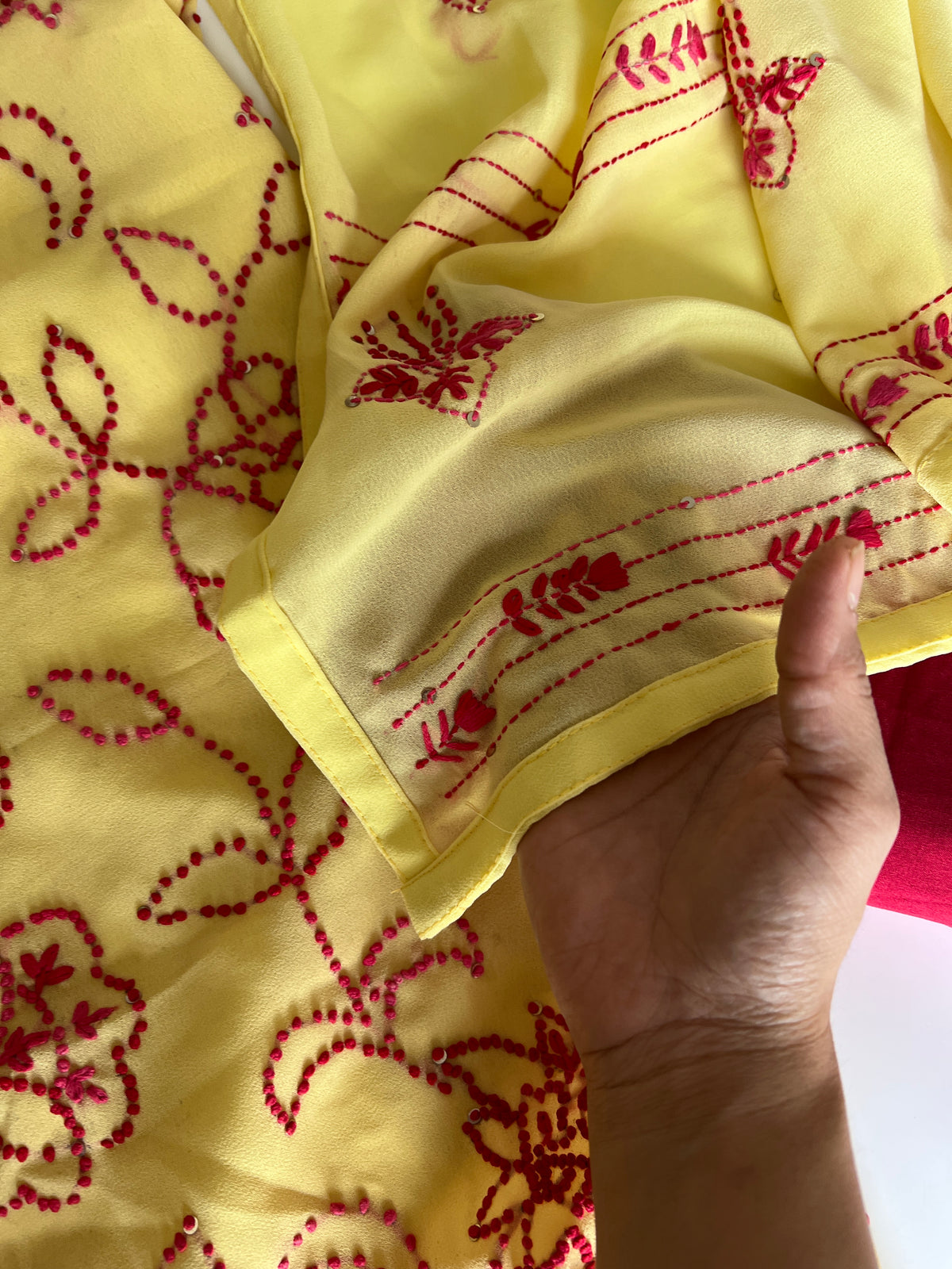 Yellow Georgette Knot Embroidery Unstitched suit set 3 pc