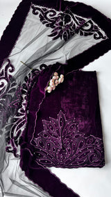 Wine color Velvet cut work designer party wear unstitched suit set