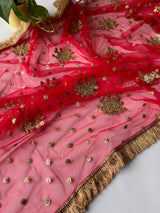 Red Bridal Net dupatta with fringe border