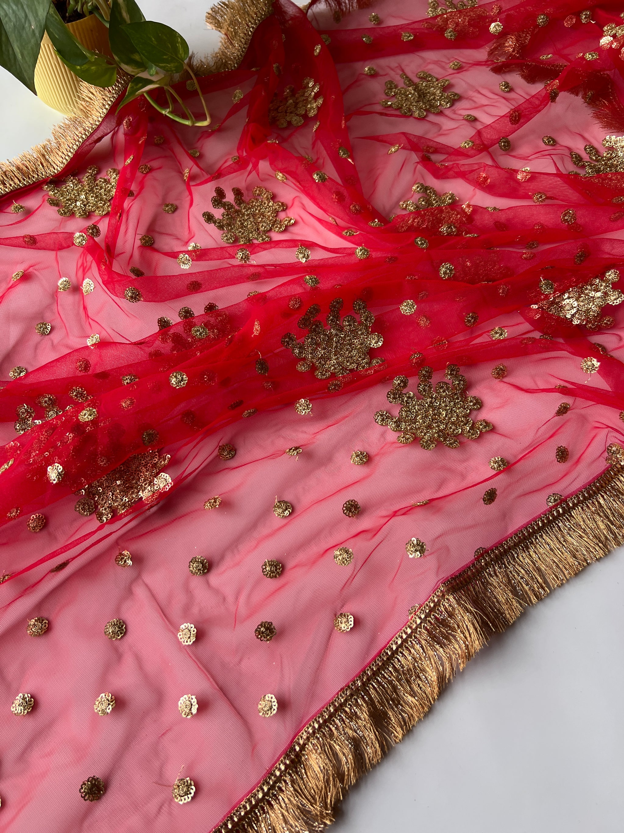 Red Bridal Net dupatta with fringe border