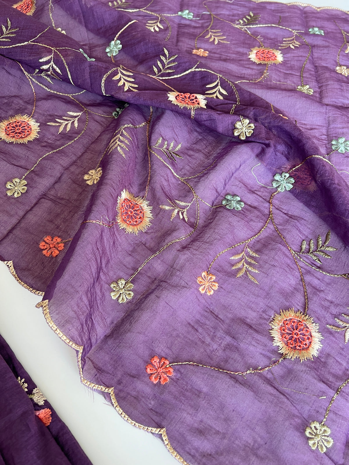 Purple Mul chanderi full embroidery dupatta thread work unstitched suit