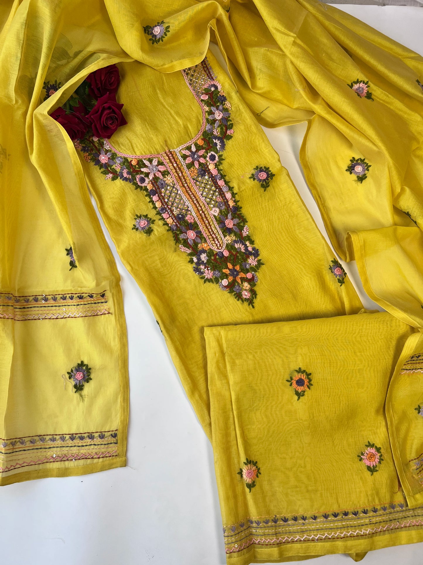 Chanderi knot embroidery Unstitched suit material