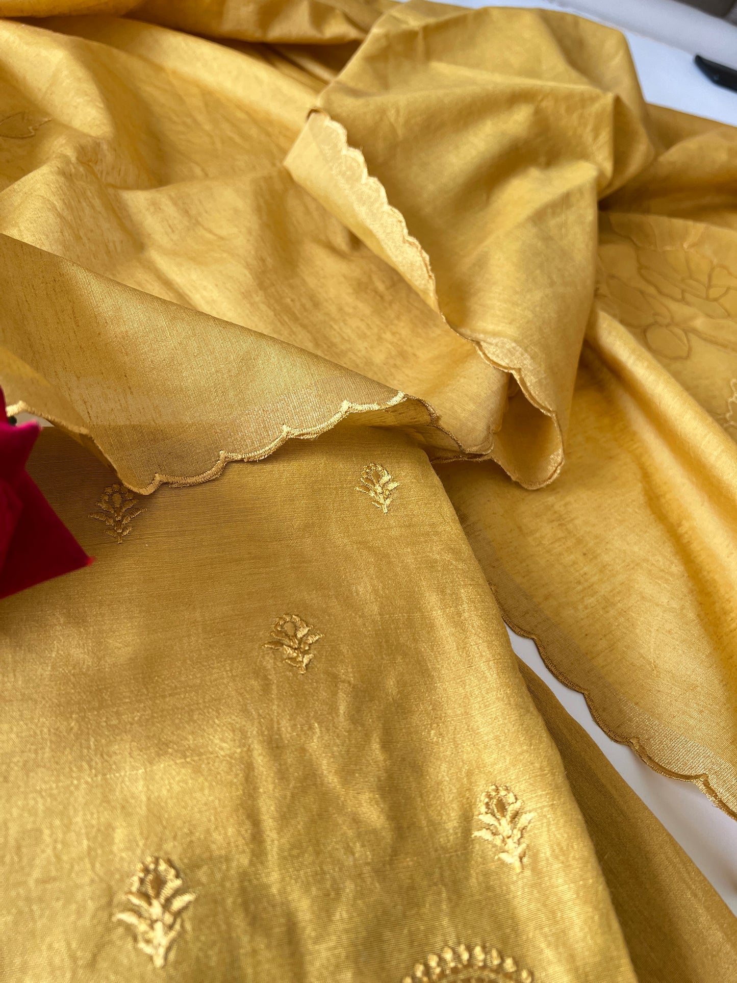 Yellow Pure Chanderi patchwork Embroidery scallop unstitched suit