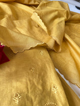 Yellow Pure Chanderi patchwork Embroidery scallop unstitched suit