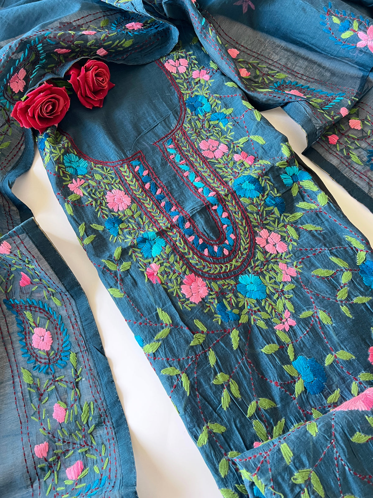 Blue Phulkari embroidery Unstitched suit material