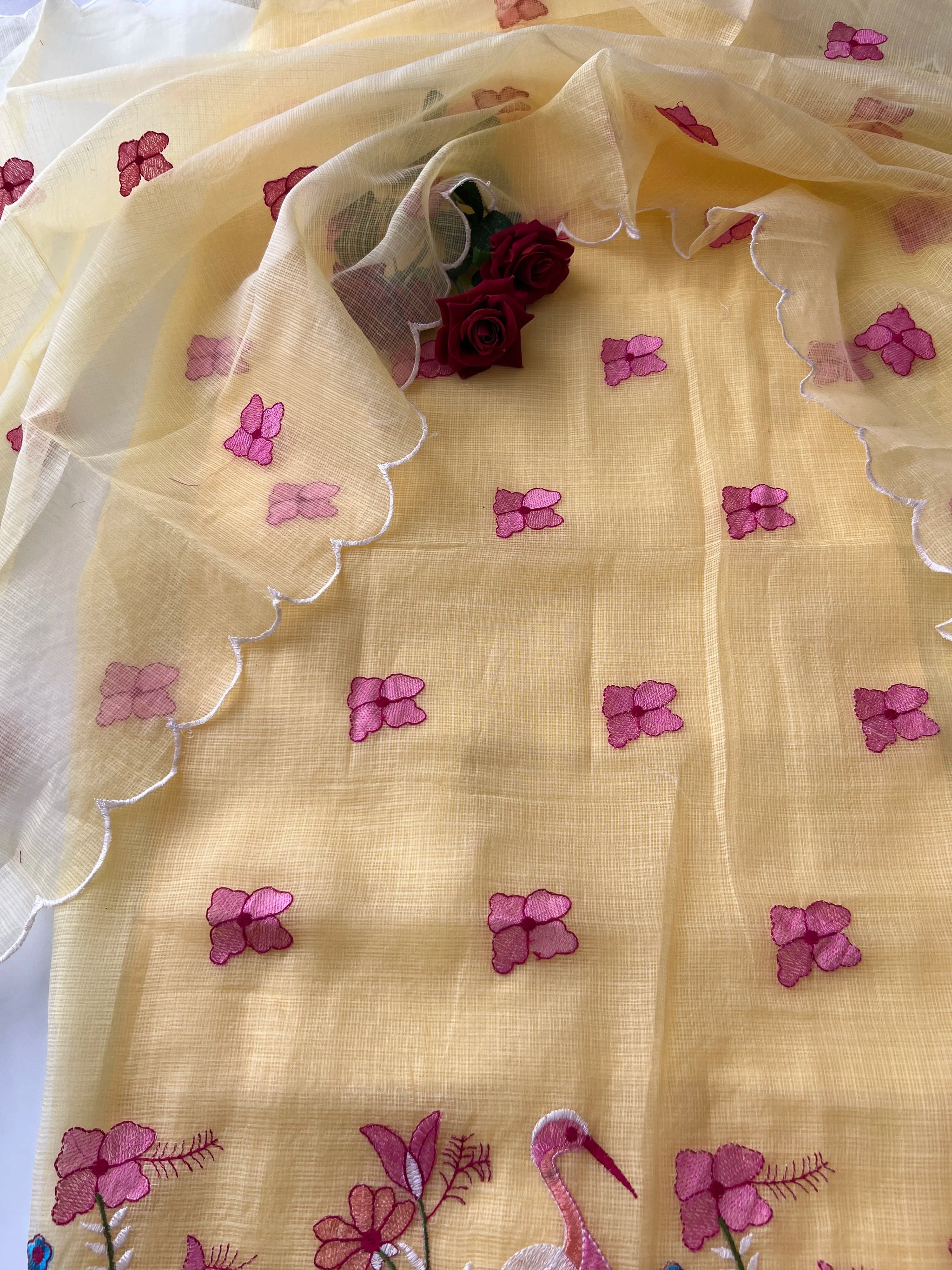 Yellow Kotta with flamingo embroidered kurta dupatta set Unstitched