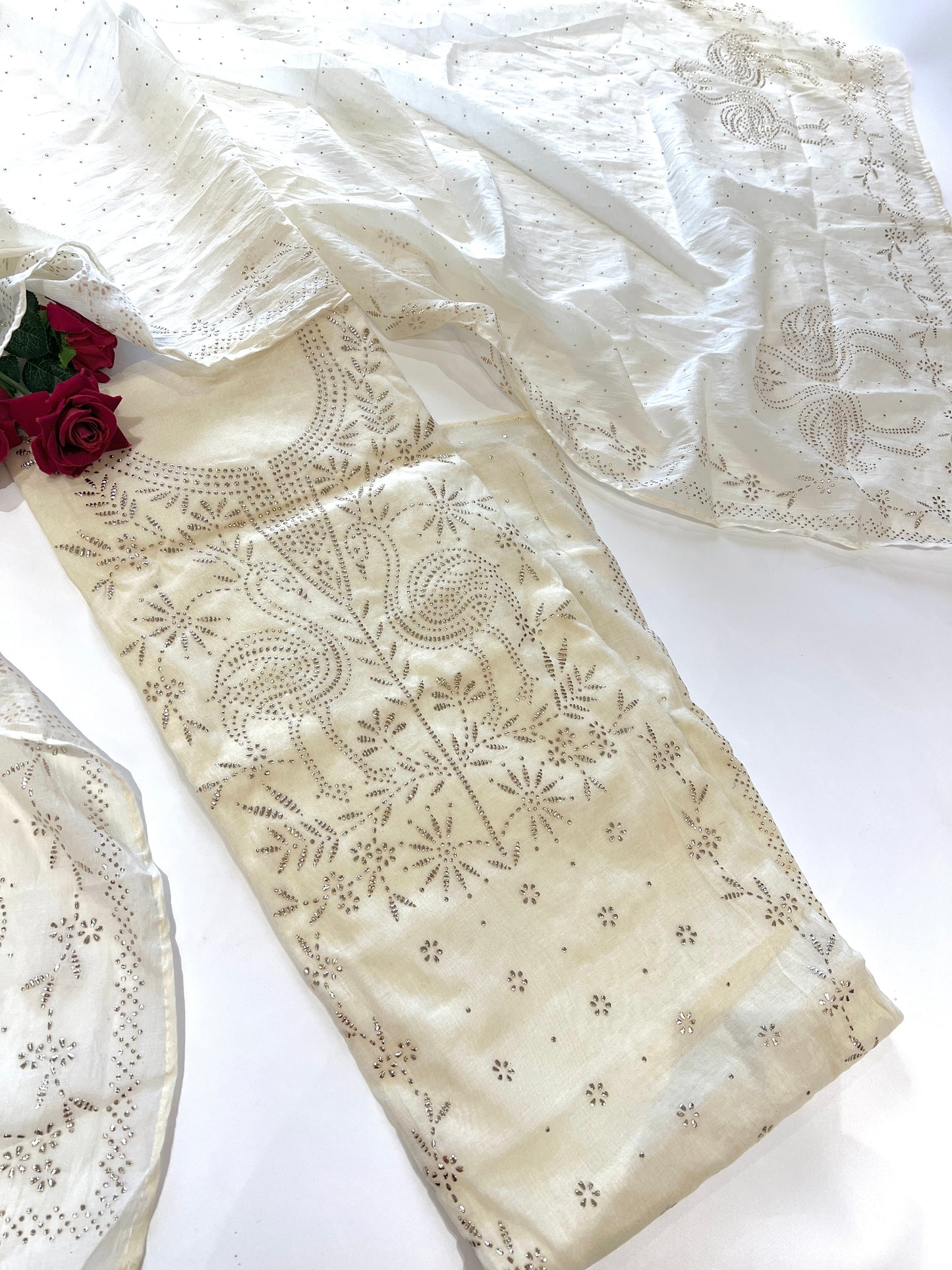 Off White Mul Chanderi dress material with mukaish -Flamingo