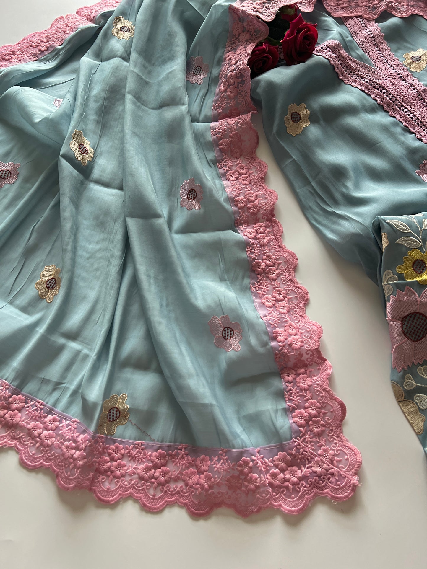 Blue Sunflower Embroidery Mul Masleen Dress material