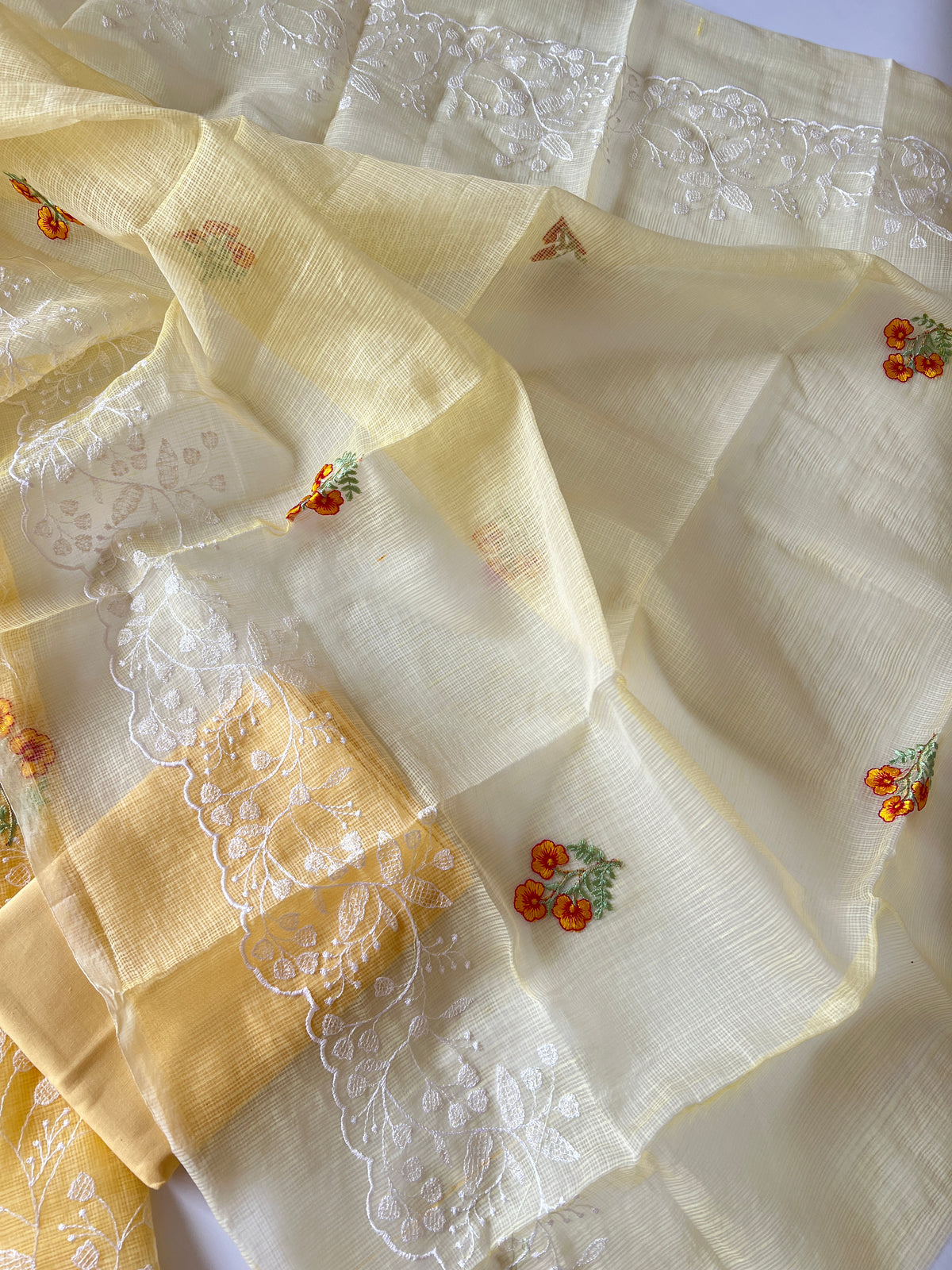 Yellow Kotta floral embroidered kurta dupatta set Unstitched