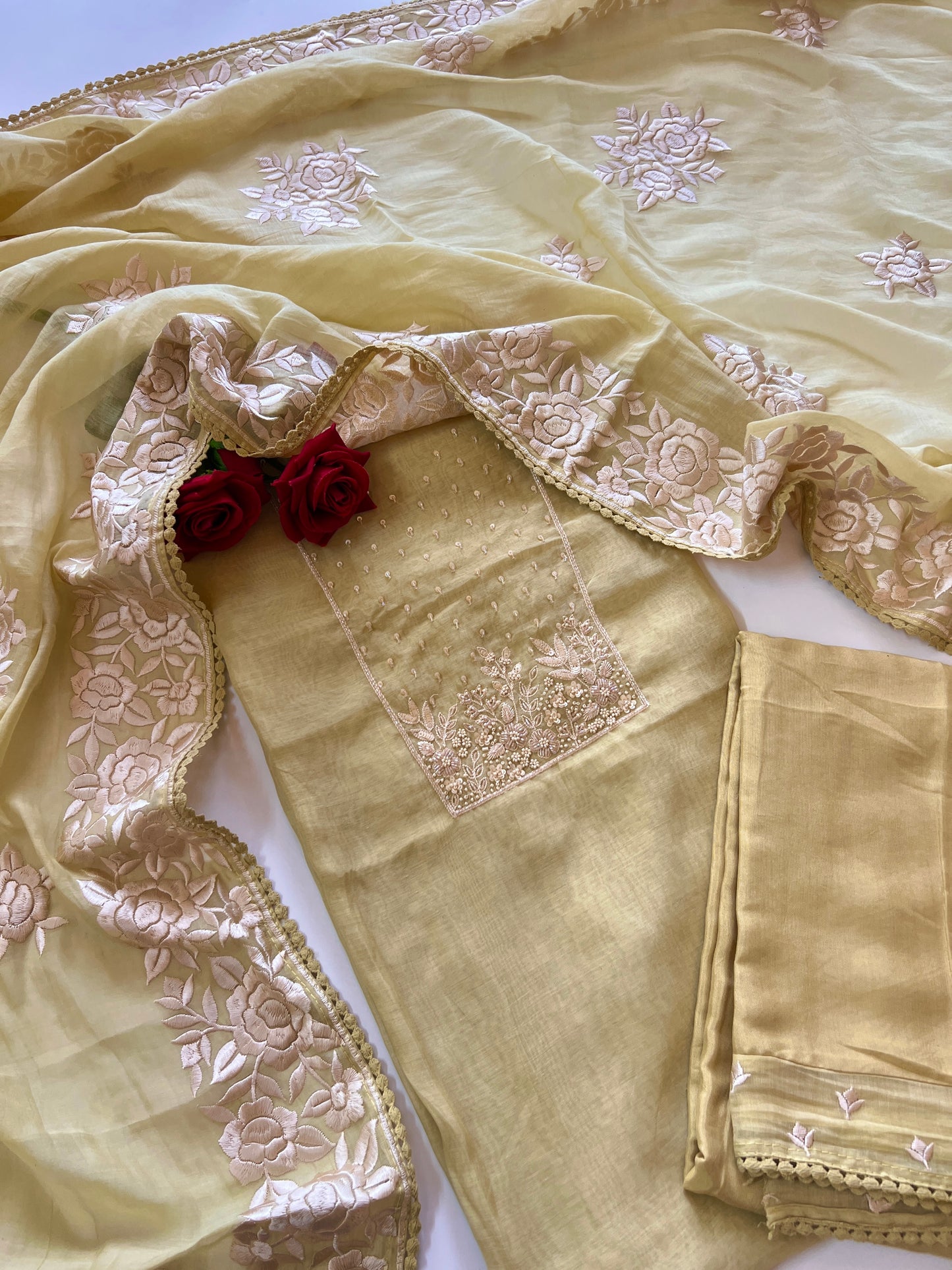 Mul Chanderi Handwork with Parsi dupatta Unstitched Suit set - Pastel yellow