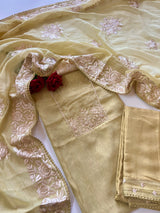 Mul Chanderi Handwork with Parsi dupatta Unstitched Suit set - Pastel yellow