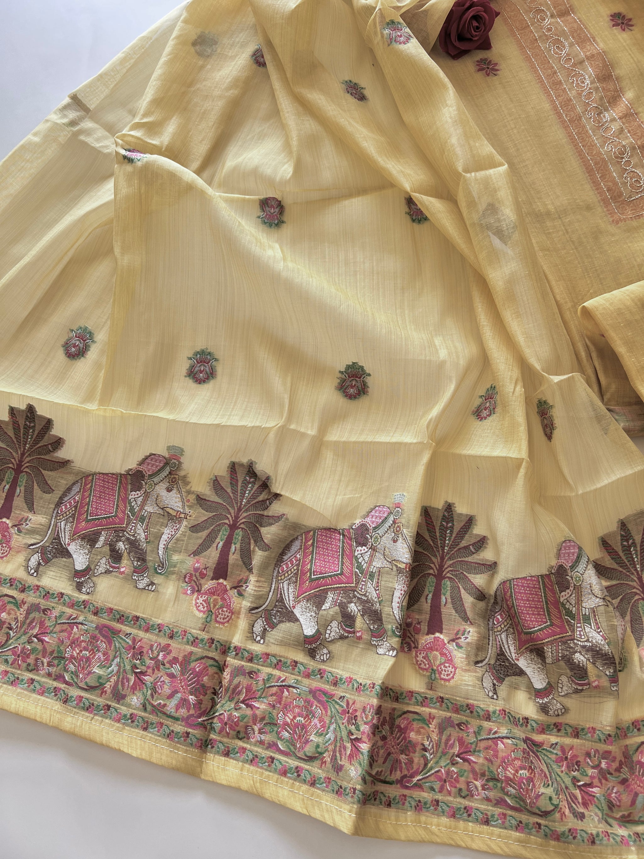 Yellow Cotton Jamdani work dress material unstitched Suit set