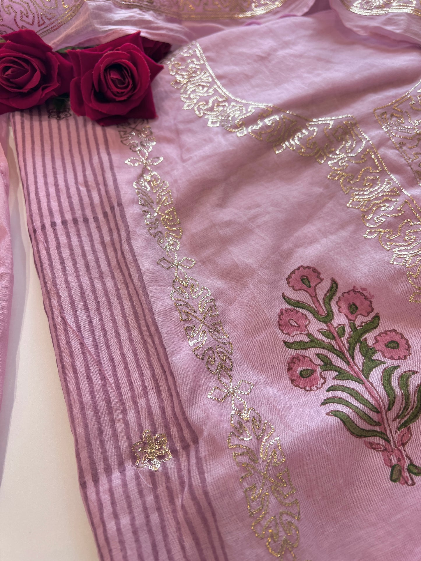 Purple Block print and pitta work on Mul Chanderi dunstitched Suit set
