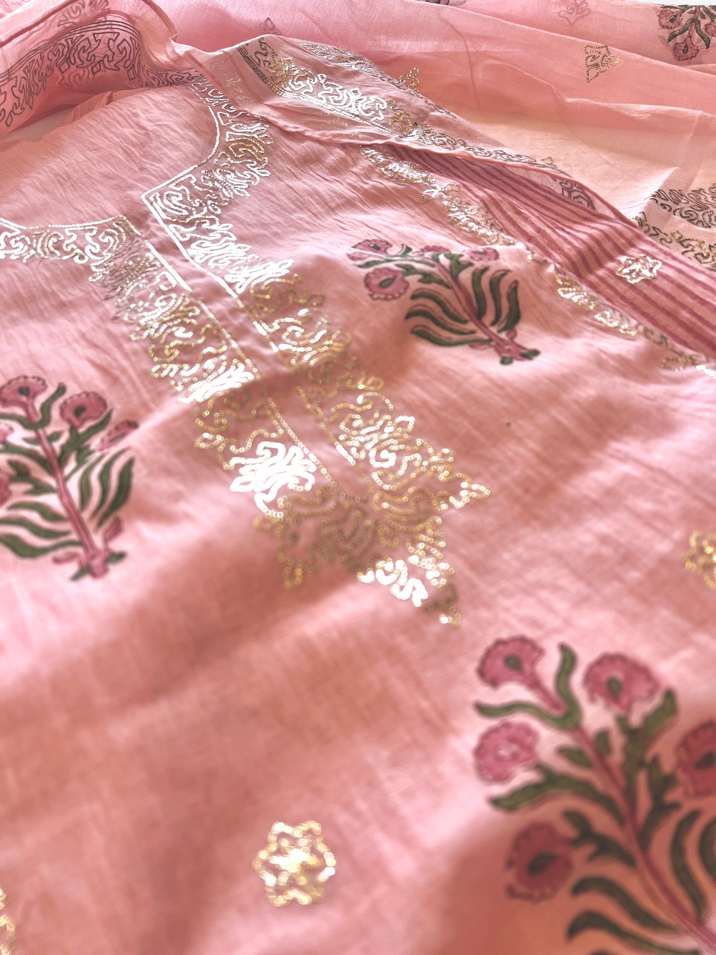 Block print and pitta work on Mul Chanderi dunstitched Suit set