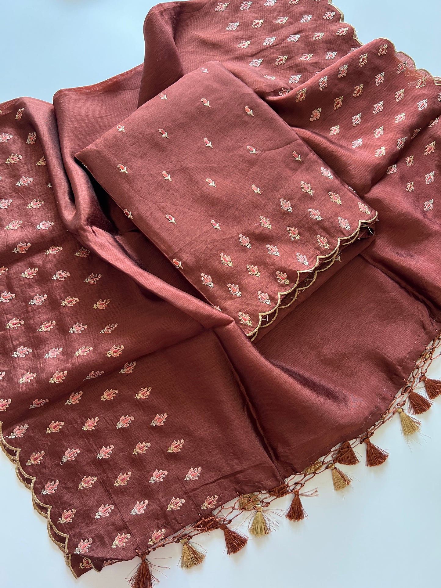 Brown Raw Mango handloom embroidered unstitched suit.