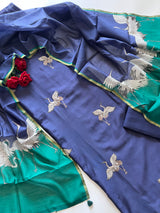 Pure Blue Green soft Chanderi flamingo embroidered Unstitched Dress material