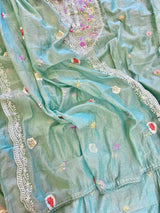 Blue Mul Chanderi Thread embroidered Unstitched Suit
