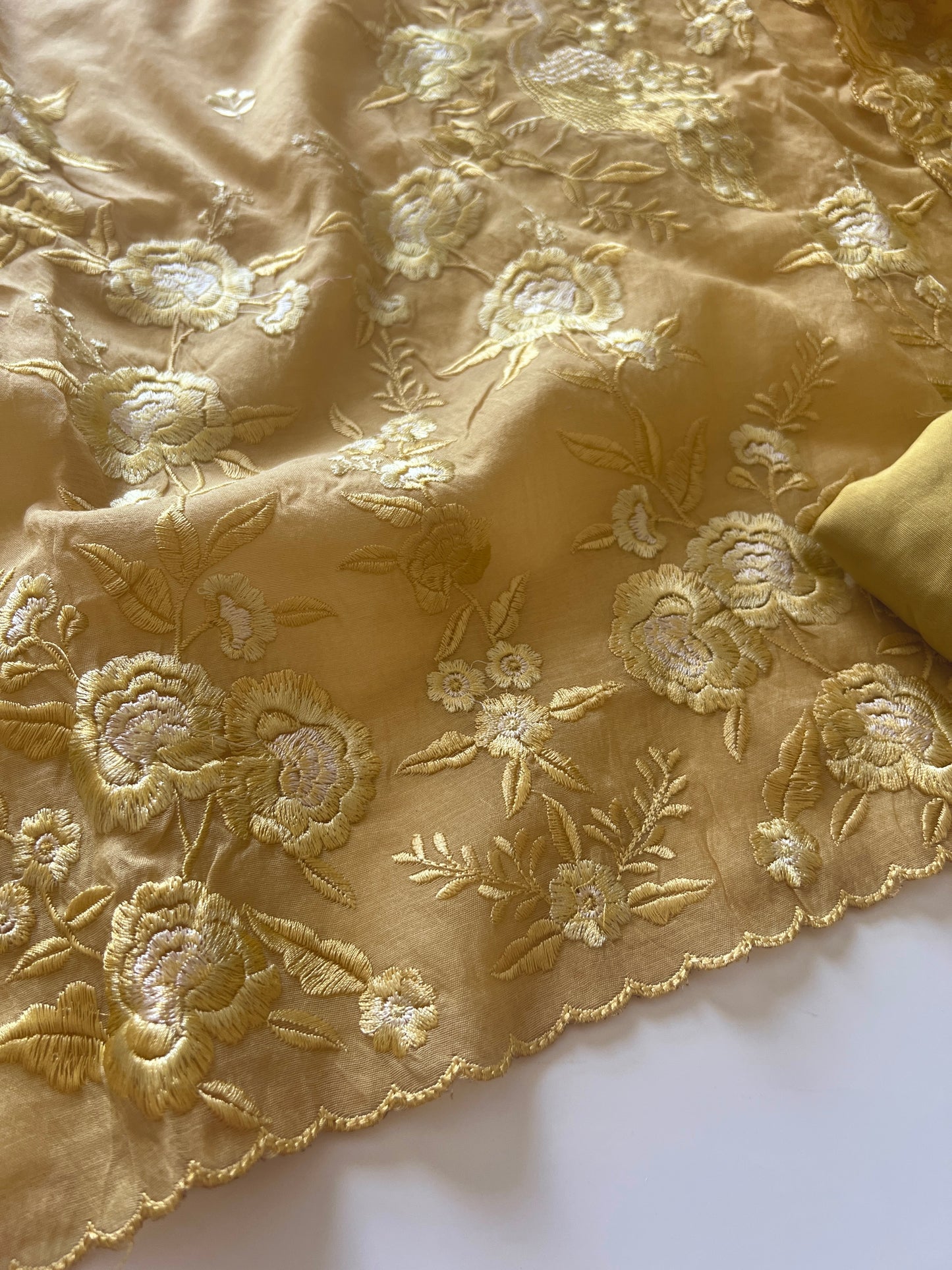 Yellow Mul Chanderi Thread embroidered Unstitched Suit