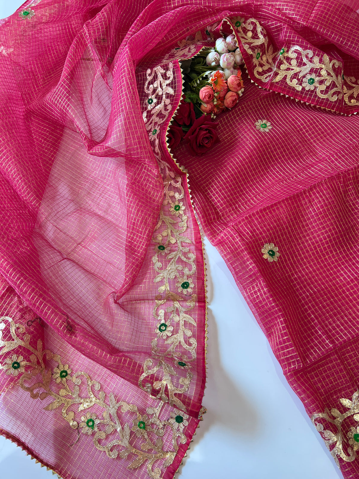 Red Kotta with kotta embroidered kurta dupatta set Unstitched