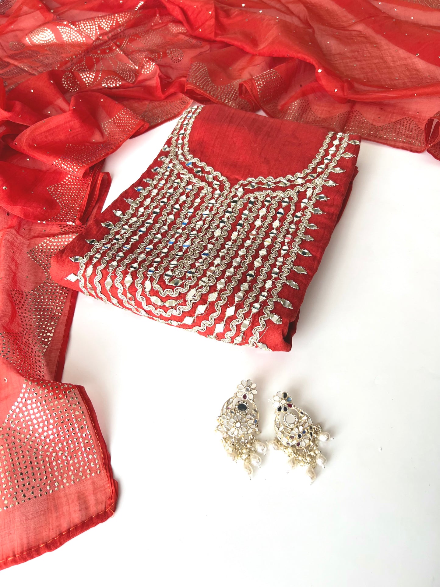 Mirror work on Mul Chanderi dress material with mukaish work dupatta