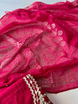 Hot pink Mirror work on Mul Chanderi dress material with mukaish work dupatta