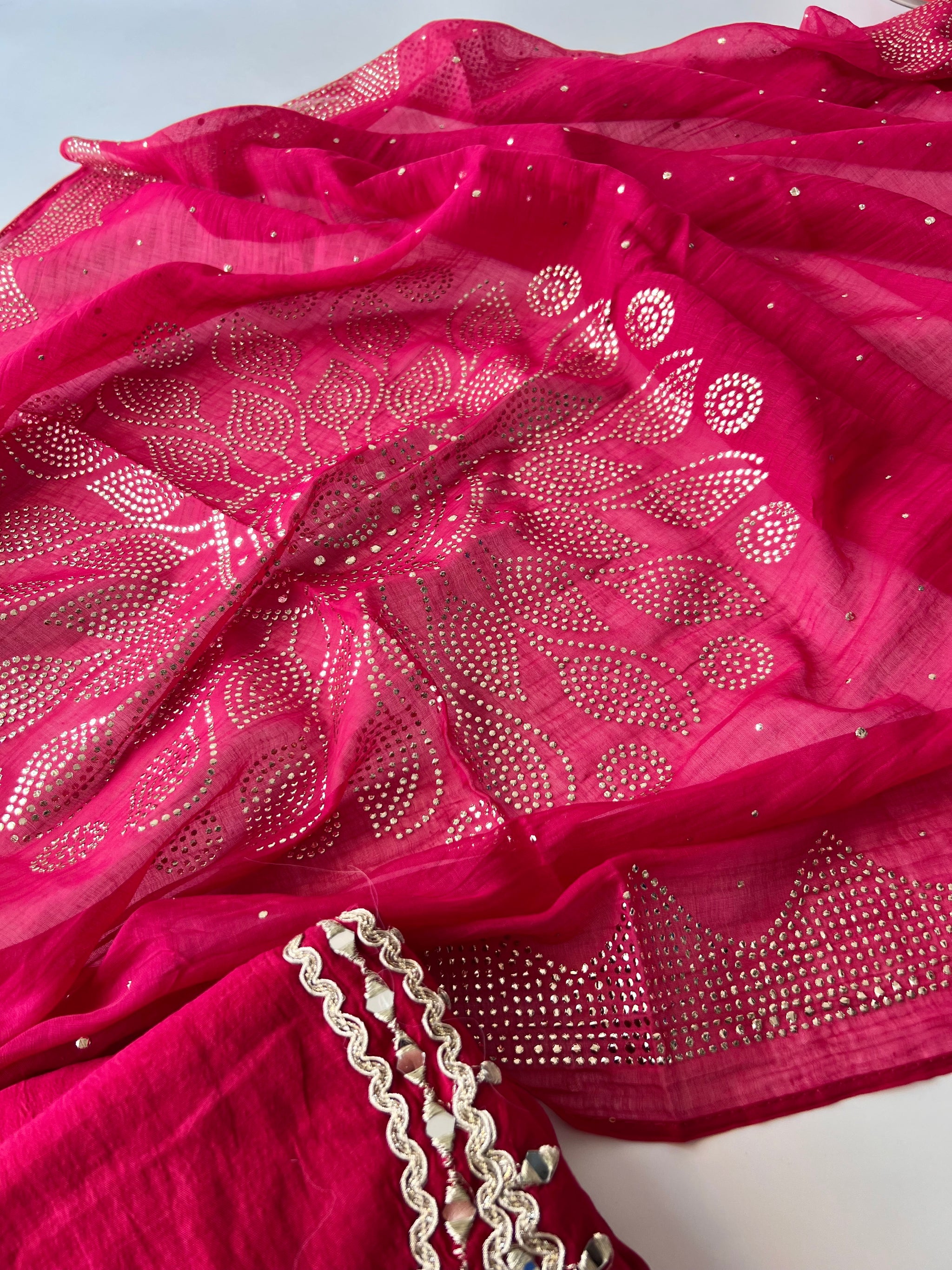 Hot pink Mirror work on Mul Chanderi dress material with mukaish work dupatta