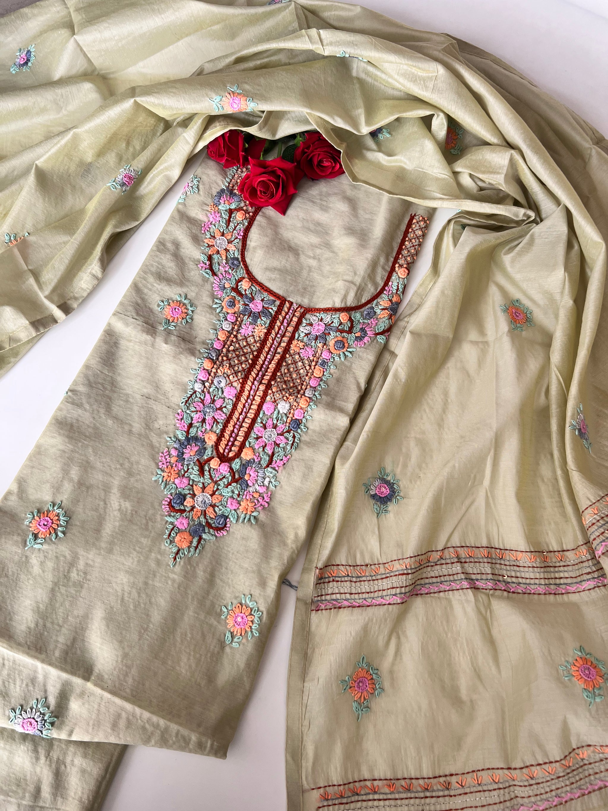 Pista Green Chanderi embroidered kurta dupatta set