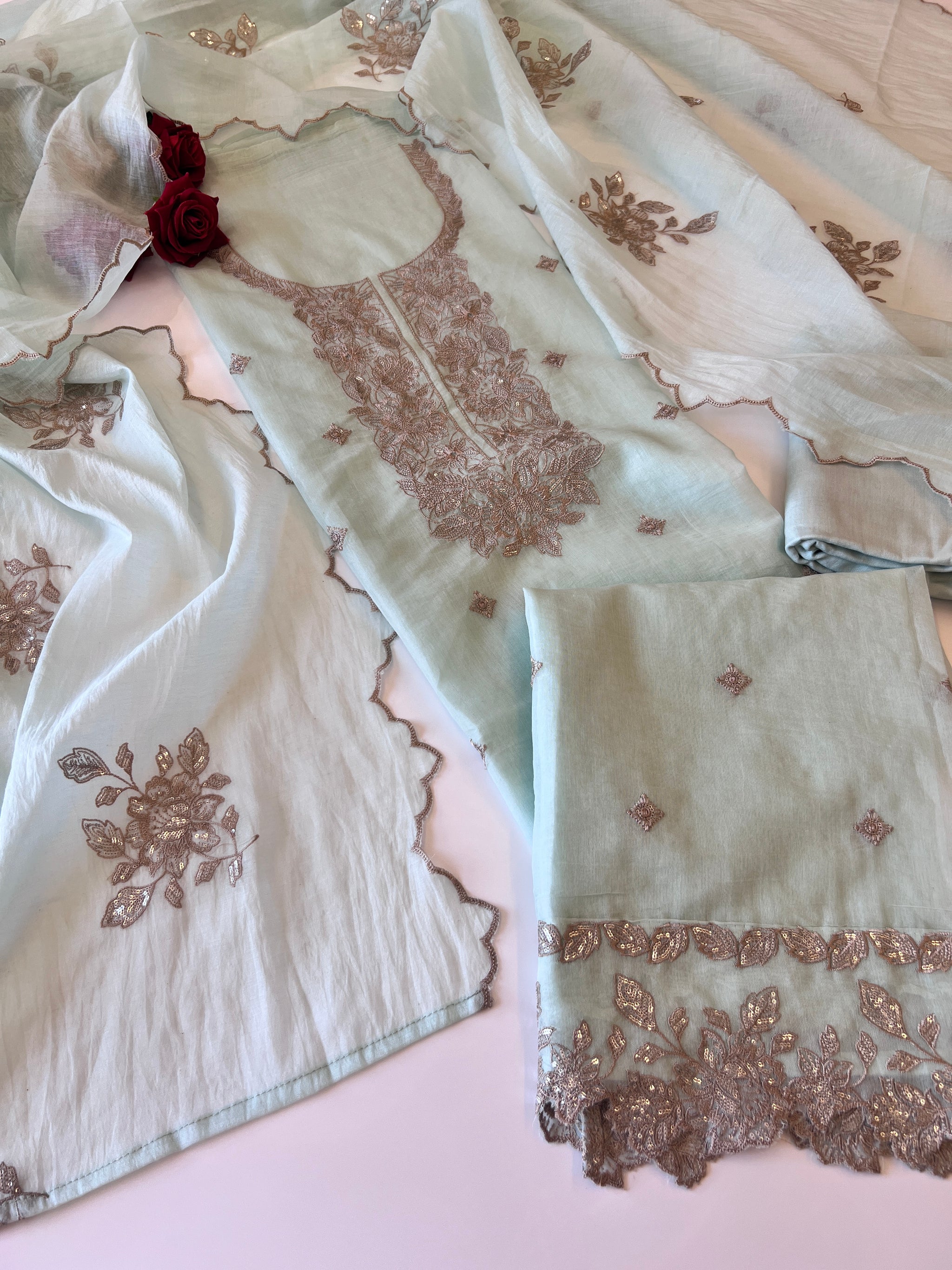 Pastel Blue Mul Chanderi Sequin embroidered Unstitched Suit