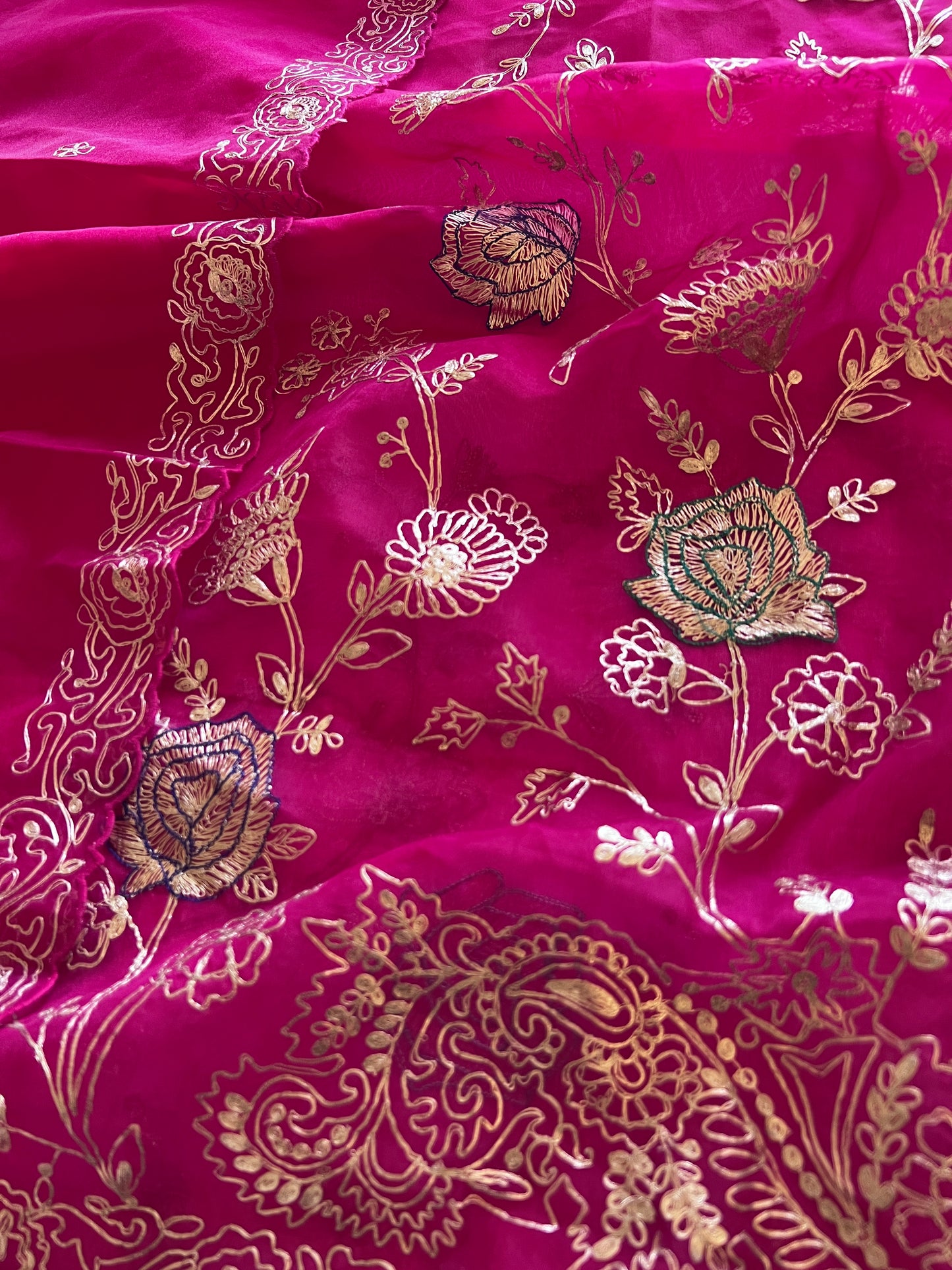 Pure Silk Organza Full embroidered premium unstitched suit in Hot Pink