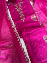 Pink Pitta with thread work on Mul Chanderi dress material - Unstitched Suit set